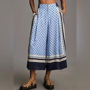 Anthropologie Maeve Printed Pleated Blue Geometric A-Line Culottes